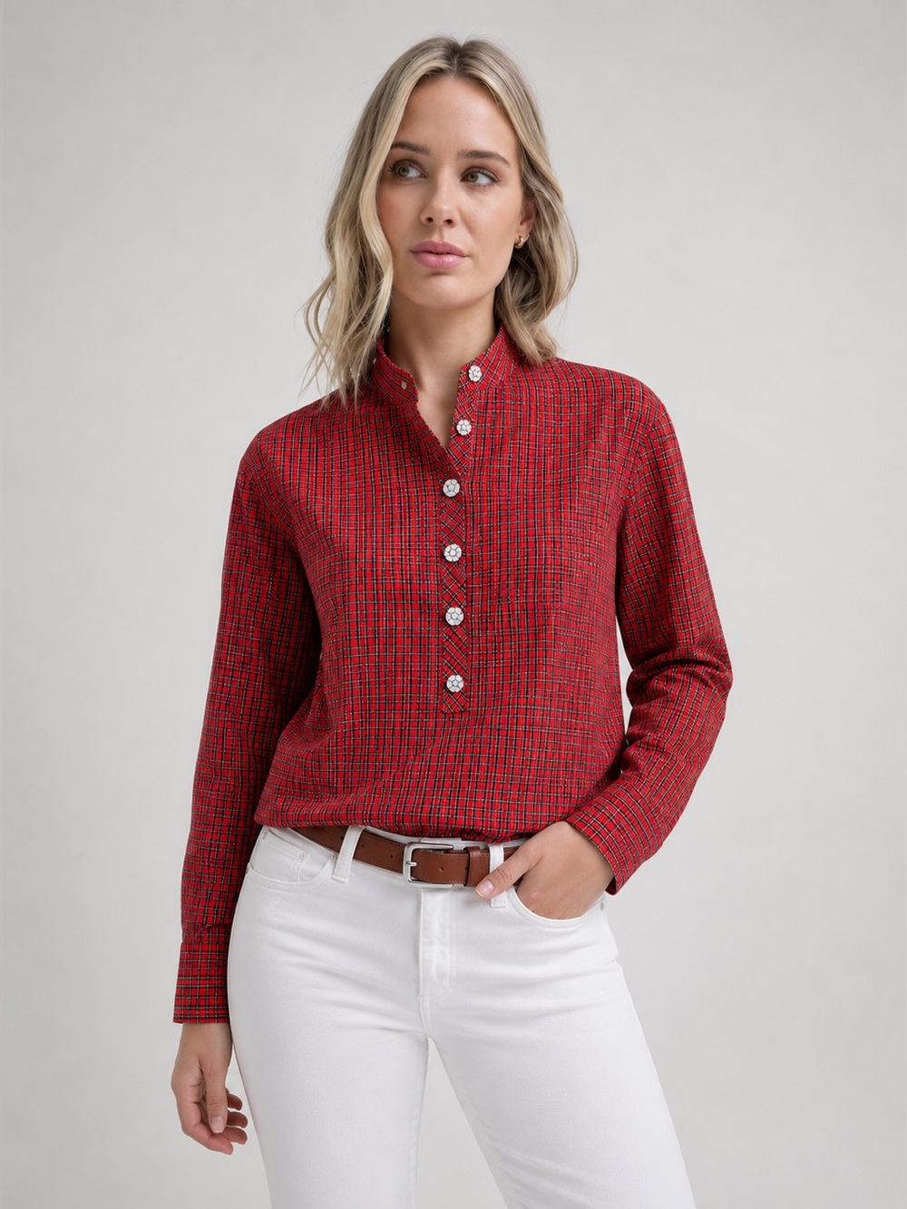 J. Crew Women’s Plaid Cotton Popover Rhinestone Buttons Red Size 6 *189